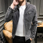 Men's casual grey denim jacket with zipper and stand collar, perfect for autumn and winter styling.